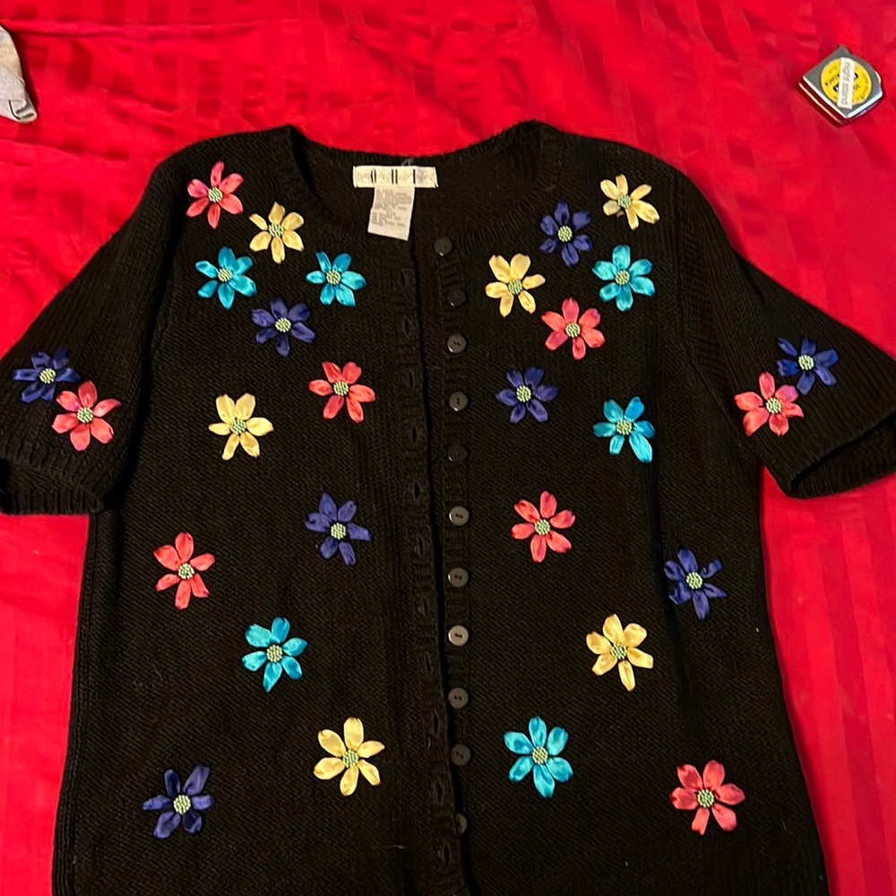 Vintage OHI black short sleeve cardigan with ribbon flowers
